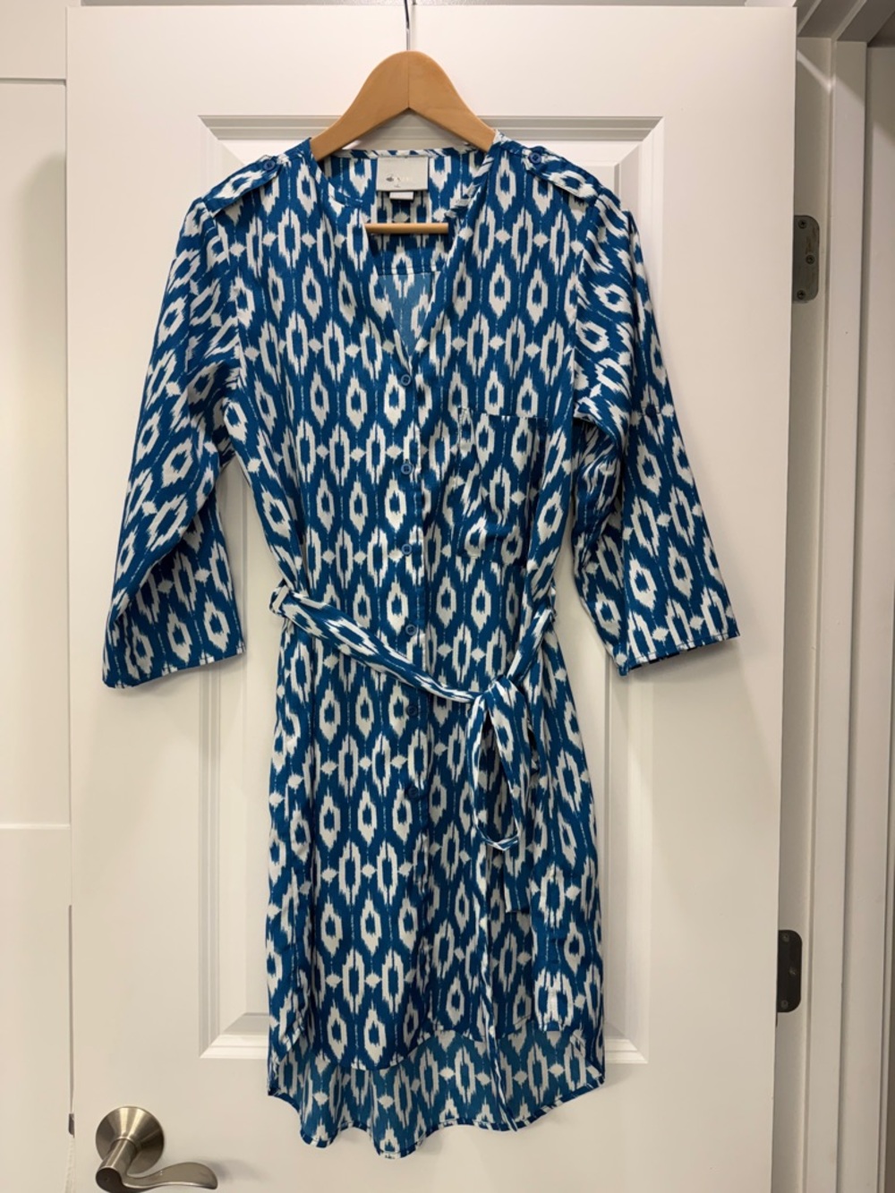 Maeve Blue & White Ikat Dress with Self-Tie